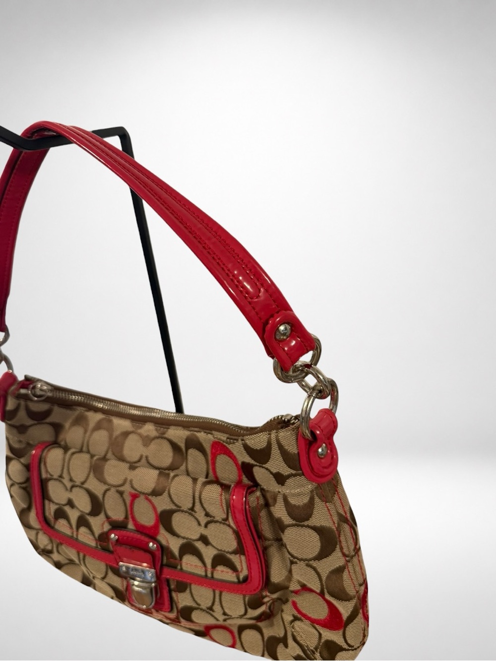 COACH Soho 2 Way Signature Canvas Shoulder Bag Khaki Pink Patent Leather 21623 - Picture 6 of 14